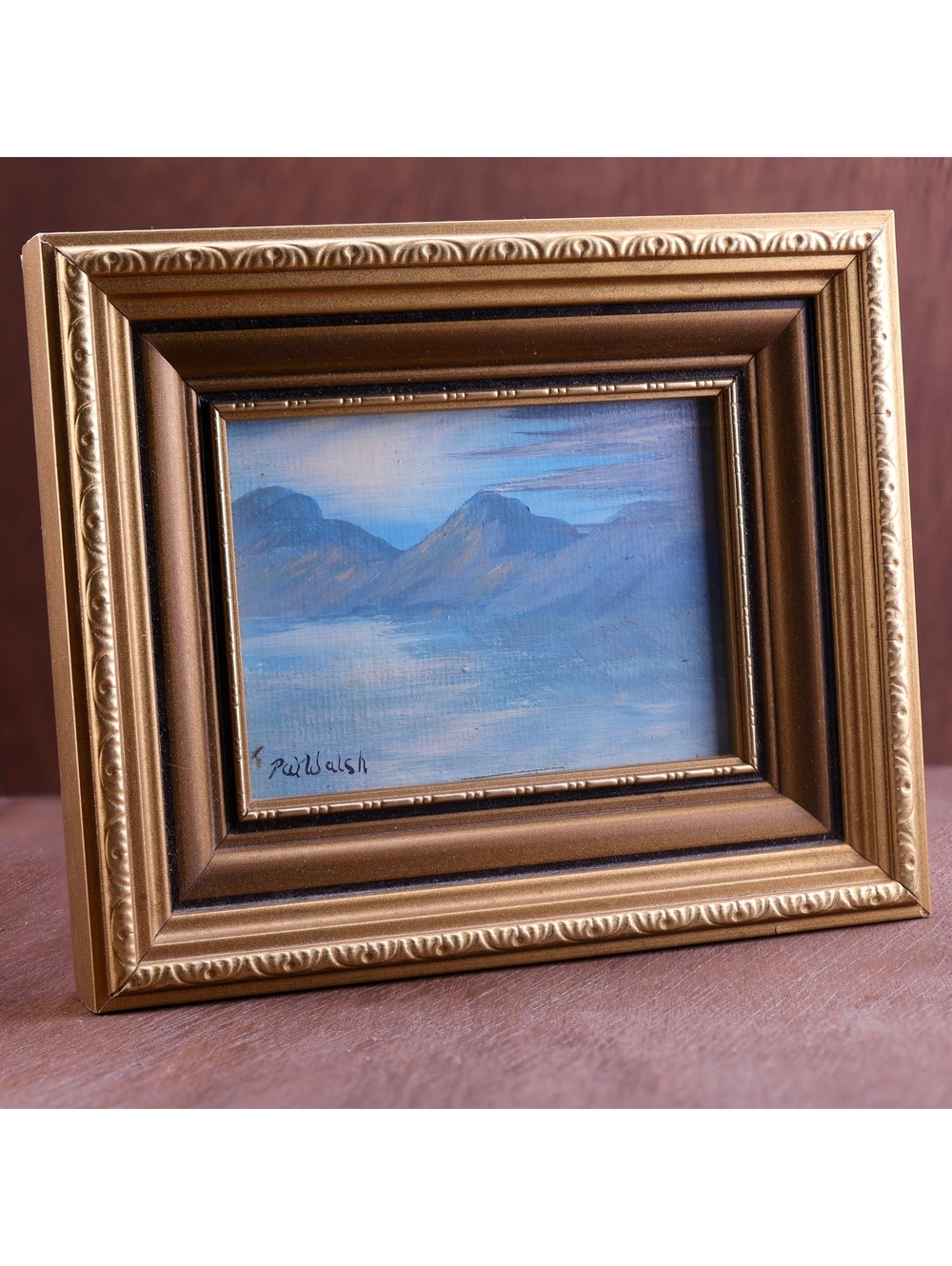 Pat Walsh Misty Irish Mountain Lake Landscape Original Framed Miniature Oil 5x4"